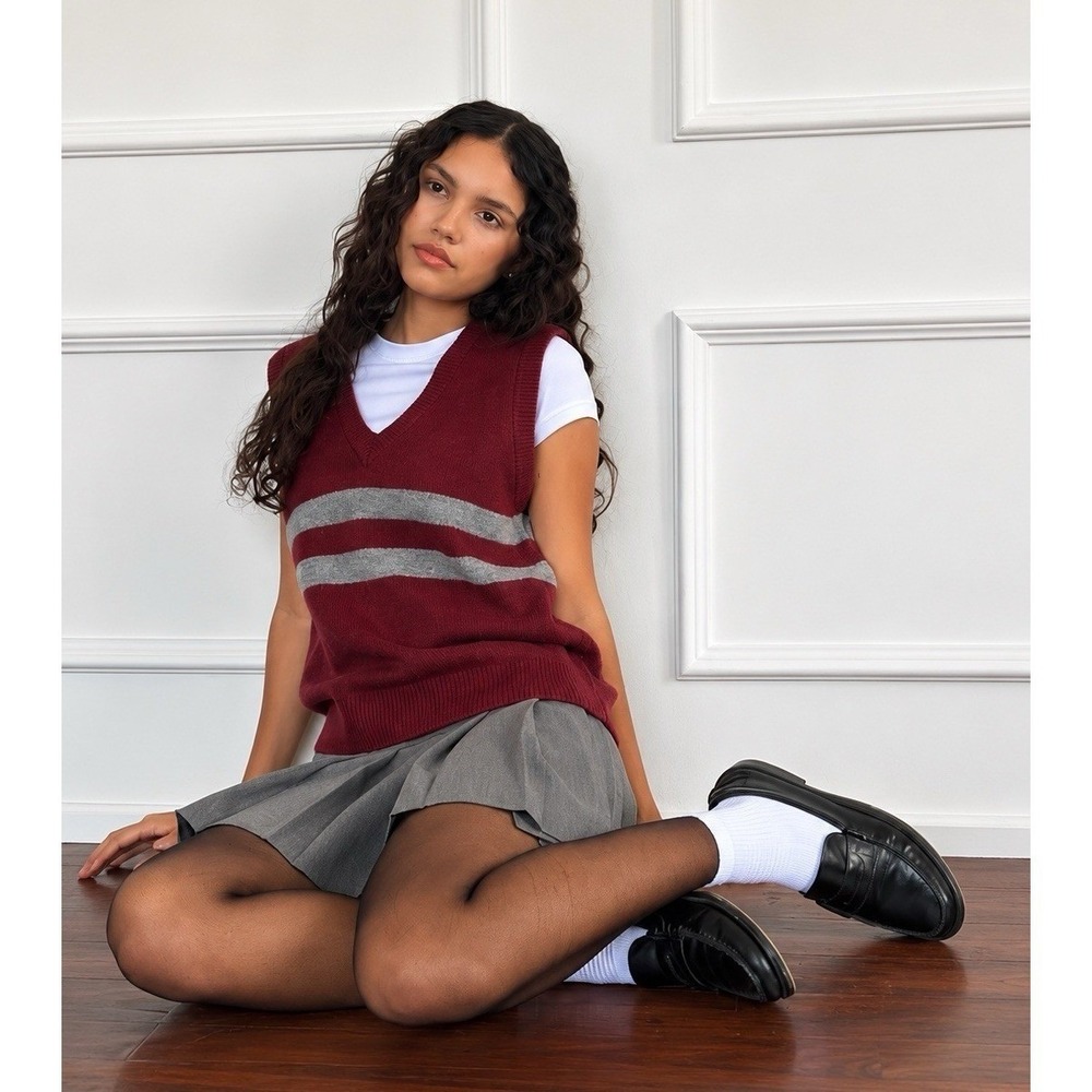 Dolls Kill Motel Rocks Guria Sweater Vest S Maroon Burgundy Red Gray Stripe Prep